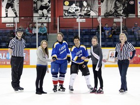 ECJV recently held its annual Student/Teacher challenge hockey game. At the end of a tough battle the score was 5-5. In the above photo are William Fifield (referee - ECJV student), Courtney Smith (Carnaval Queen Contestant - ECJV student), Ashley Fortin ( Teacher) and Ryan Morrissette (teacher), Kristine Léveillé (Carnaval Queen Contestant and ECJV student) and Vanessa Léveillé (Referee and an ECJV graduate).