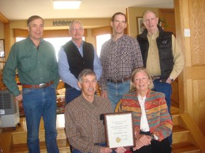 Back row, from left: Pekisko Group members Gord Cartwright, Larry Dayment, John Cross and Frances Gardner. Seated is Mac Blades holding the outstanding achievement award and Frances Dover.