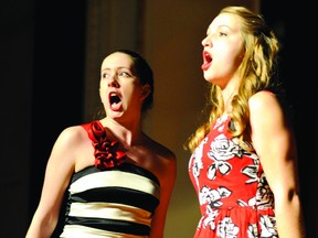 Allison Hess, left, and Maddy Palmer perform at Thanks for the Melodies, a celebration of BCI talent held in the school auditorium Saturday night. (RONALD ZAJAC/The Recorder and Times)