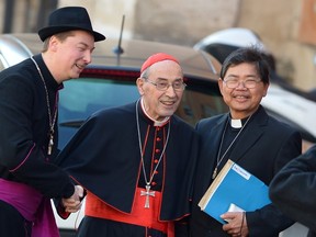 Ralph Napierski, a fake bishop poses with cardinal Sergio Sebiastiana as the cardinal arrives for talks ahead of a conclave to elect a new pope on March 4, 2013 at the Vatican. AFP PHOTO / VINCENZO PINTO