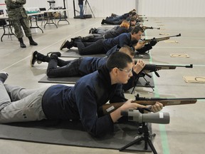 Dillon Coulson, of Sangudo, front, participates in a team air rifle shooting competition in Whitecourt on Saturday, March 3. Coulson is a member of the Mayerthorpe Army Cadets team.