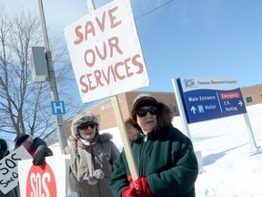 TRENTON, ON (03/04/2013) More than 100 people lined the sidewalk outside Trenton Memorial Hospital Monday, March 4, 2013 to protest proposed cuts to and reduction of services at the Trenton Memorial Hospital. The rally was organized by the Ontario Health Coalition. 
EMILY MOUNTNEY/TRENTONIAN/QMI AGENCY