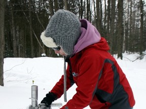 Sue Brownlee of the North Bay-Mattawa Conservation Authority checks the snow depth on the Laurentian Trails, Saturday.