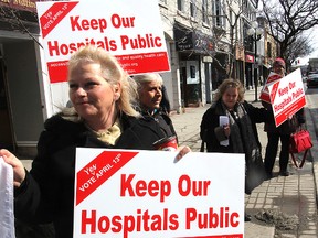 About 50 people representing local unions and community organizations held a rally at MPP John Gerretsen's office Monday at noon to protest any privatization of the city's new hospital.
Michael Lea The Whig-Standard