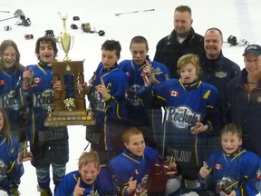 Contributed Photo
The Delhi Peewee Rockets LL2 team recently won the Penetang Winterama hockey tournament over the Family Day weekend. Picture are, front row: Meg Sherman, Clayton Meyer, Talyn Whitfield and Todd Hill. Back row: Teagan Byers, Stuart Simpson, Nathan DeDecker, Tyler Whitfield, Zack Kreller, Shane Byers, Brad Kreller and  John Hill. Absent from photo are: coach Neil Simpson, Brayden Barker and Ethan VanSchalkwyk.
