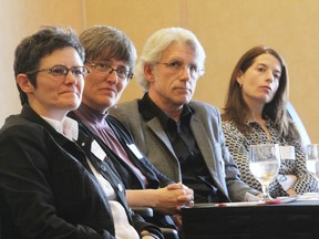 Food security experts, from left, Susan Belyea of the Loving Spoonful, Queen's professor Elaine Power, Sandy Singers of the Partners in Mission Food Bank and restaurant owner Zoe Yanovsky await questions from the audience at Monday's Community Foundation for Kingston and Area luncheon.
Elliot Ferguson The Whig-Standard
