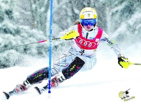 Londoner Caroline Bartlett cuts around a gate on her way to winning the under-18 slalom event at the Canadian ski championships at Osler Bluffs Ski Club in Collingwood. (Herman Koeslag Special to The Free Press)
