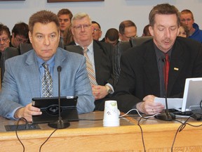 Discussions at city hall were back in session on Monday as, Phil Barton, left, and Art Pultz made a pre-budget presentation to city council on behalf of the Timmins Chamber of Commerce. Among the topics discussed were housing and tourism strategies, keeping the status quo on commercial tax rates, and the future of the city's Tourism Information Centre.