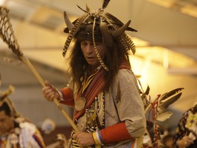 THE CREATOR’S GAME – Frank Belleau from Garden River First Nation dances at the Eighth Annual Gathering at the Rapids Powwow at Algoma University last weekend. Belleau dances with a lacrosse stick that he feels is important to his cultural roots and was historically called “the Creator’s Game.” The annual powwow attracts participants from all over central North America.