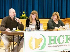 Huron Bruce MP, Ben Lobb, gives his response to concerns presented by different commodity groups. Lobb sat with President of the Huron County Federation of Agriculture Carol Leeming and Huron Bruce MPP Lisa Thompson during the roundtable discussion.