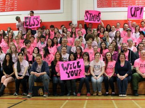 More than 400 students gathered in the Elliot Lake Secondary School gym on Wednesday, Feb. 27 in honour of Pink Shirt Day.
Photo by JORDAN ALLARD/THE STANDARD/QMI AGENCY