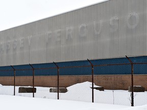 Though the letters spelling Massey Ferguson were long removed from the side of the farm implement manufacturing plant facing Wayne Gretzky Parkway in Brantford, remnants of the lettering can still be seen.
(BRIAN THOMPSON The Expositor)