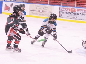 DANIEL R. PEARCE  Times-Reformer
The Simcoe Novice Warriors pressed the net against the Ingersoll Express Tuesday night at Talbot Gardens during a 5-1 loss. Simcoe is down two games to one in their OMHA playdown series, which continues Thursday in Ingersoll.