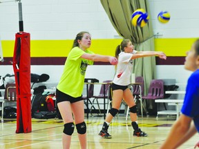 Members of the Prairie Fire 17U volleyball team practice on Tuesday. The team finished second at the Fury tournament over the weekend of March 2-3. (KEVIN HIRSCHFIELD/PORTAGE DAILY GRAPHIC/QMI AGENCY)