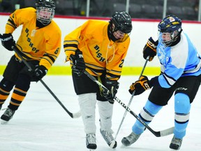 St. Mary Crusaders' Jared Henry (blue jersey) tries to strip the puck from Cody Durochers of Bishop Smith during Tuesday's EOSAAA tournament final at the Memorial Centre. The Crusaders won 6-1. (STEVE PETTIBONE The Recorder and Times)