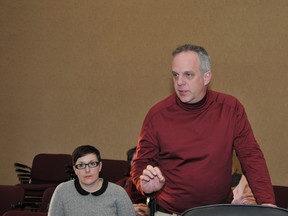 Tall Ships Landing developer Simon Fuller speaks to city council's economic development and planning committee Tuesday while Sandra Ryan, the project's manager of operations, listens. RONALD ZAJAC The Recorder and Times