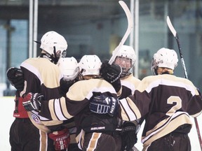 Members of the Korah Colts celebrate after scoring the lone goal of the game in the NOSSA championship on Tuesday.