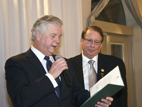 Quinte West Mayor John Williams reads a letter to Hugh O'Neil from MP Rick Norlock congratulating O'Neil during the Chamber of Commerce's annual presidents dinner and general meeting. O'Neil was presented with a Honourary Lifetime Membership Award.

Linda Horn for Trentonian