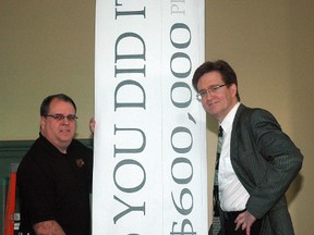 Campaign chairman Paul Corriveau, left, and Elgin-St. Thomas United Way executive director Paul Shaffer stand atop ladders to pose with a 2012 campaign banner announcing the good news. The community raised $605,000 this year for the United Way and its member agencies, an increase over last year despite concerns the total would be lower. (Nick Lypaczewski, Times-Journal)