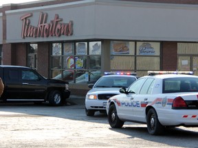 There was a fatal collision between a transport and pedestrian at this London Line Tim Hortons in Sarnia on Mar. 6. (TARA JEFFREY, The Observer)