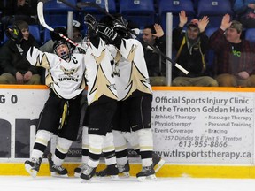 Quinte West Major Midget Hawks captain Andy Paul celebrates with teammates after he opened the scoring in the Hawks' 3-0 win over the Bradford Bulldogs Saturday at the Community Gardens.