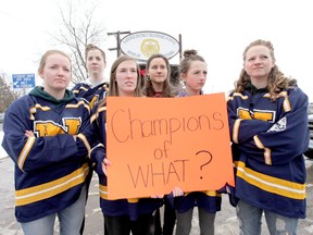 From left Ashton Barton, Bronwyn O'Neill, SaraJane Pratt, Hanna Sweet, Miranda Dickerson, and Emily Kimmett are disappointed that they will not be permitted to participate in this year's KASSAA league hockey season.