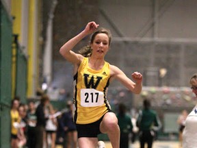 Airdrie’s Katelyn Yackel, in yellow, competes at an outdoor track meet. The 14-year-old Grade 9 student at Bert Church High School won two gold medals and a silver in the midget girls’ division at the indoor provincial championships in Edmonton on the weekend.
PHOTO SUBMITTED