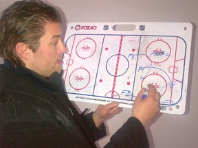 Matthieu Keillor goes over a play for his Calgary Northstar Sabres AAA bantam team at a practice at the North East Sportsplex last week.
PHOTO SUBMITTED