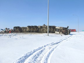 Rolled over onto the Highway 43 lane heading toward Whitecourt, this semi was involved in two collisions just before 8:30 a.m. Wednesday, March 6, both attributed to the poor visibility generated by heavy fog.