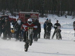 Riders start off in the Six Hour Ice Race Marathon held Mar. 2 at George Lake northwest of Fairview. Approximately 47 riders and 24 teams entered the race. Entries included both motorcycles and quads. The race was organized by Fairview Motocross Association and Servus Credit Union in partnership with Travel Alberta, sponsored by Cycle West and a number of other local companies and ran under the auspices of the Alberta Endurance Ice Racing Association (AEIRA).