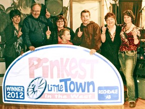 Left to Right in the picture receiving the honours are: Richdale President- Kathy Griffith, David Hurl, Richdale Vice-President - Joleen Scott & her son Chance Scott, Event Coordinators are - Rusty & Jane Hurl & Richdale Secretary/Treasurer - Shirley Hickle. On August 18,2012 the Richdale Community welcomed the Wild Pink Yonder riders and crew to a fun-filled day of festivities. Setting the bar of being the town to raise the most funds for Breast Cancer Research - since this program started in 2008, by raising over $48,000. Hats off to the many hands from far and wide who contributed to the success of this event.