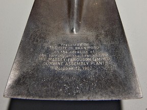 A shovel owned by Rick Shaver of Brantford was used at the sod-turning ceremony in October 1962 for the construction of the Massey-Ferguson combine assembly plant. (BRIAN THOMPSON The Expositor)