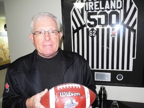 SARAH DOKTOR Simcoe Reformer
John “Jake” Ireland shows off his jersey congratulating him on 500 games and the ball from his final game as an official – the 96th Grey Cup in Montreal. Ireland will be inducted into the Canadian Football Hall of Fame and Museum after 30 years as CFL official during a ceremony in the fall in Edmonton.