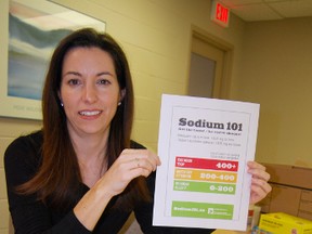 Oxford County Public Health dietician displays boxes of single served meals and a sodium level chart Wednesday, March 6, 2013. March is National Nutrition Month. 
TARA BOWIE / SENTINEL-REVIEW / QMI AGENCY