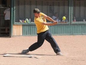 Sons of Pitches batter Shaun Cummins fouls off a pitch during a game at the annual Red Eye Slo-Pitch Tournament last August at South Bear Creek ball diamonds. By this August, the ball diamonds will have a whole new look as the City has now invested $560,650 into an overhaul for the aging ball diamonds.