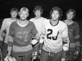 Former Hounds (from left) Bob Hicks, Dirk Rueter, Hugh Larkin, Doug Shedden and John Goodwin pose for a photo in 1980.