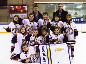 The Kirkland Lake Rotary Atom Blue Devils Nipissing District Hockey League (NDHL) "Super Sunday" Atom House League playoff tournament this past weekend in Sturgeon Falls. Team members include,  Front Row -   Raiden Thomas Second row-  Lanie Guimond , Kaleb Croxall , Carson Roy , Brennan Goulding Third row - Elise Larouche , Jack Strachan , James Miller , Owen Mackle , Keedan Ludwig Back row    - Mike Strachan-Ass't coach , Luc Guimond - Coach Missing from the photo, Ass"t Coach Greg Mackle.