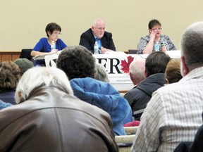 From left at the podium, candidates Lynn Acre, Cliff Evanitski and Rainey Weisler during Monday's Municipality of Bayham deputy mayor all candidates meeting. Bob Lozon was unable to attend and sent his apologies along with a brief, prepared statement. Jeff Tribe/Tillsonburg News