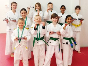 Contributed Photo
Eleven students from Dennis Gray's Simcoe Martial Arts ranked high at the recent 37th annual Ontario Provincial Open Championships.  Pictured are: Jack Spencer, Brayden Sage, Ewan Lindsay and Diana Patel. Back row: Cassidy Clarke, Jurzie King, Brean Hatchey, Julian Sage,Twinkle Patel- and Dakota Wardell. Absent: Quentin Kelly.