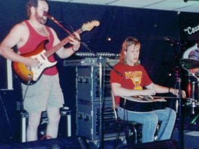 Jeff Healey, right, jams at the Maple Leaf Hotel in Timmins with John Emms. After a concert in Timmins, Healey insisted on heading over to The Leaf, to visit the place where Stompin' Tom Connors launched his carreer.