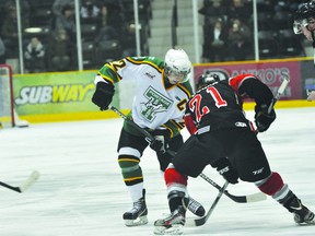 Terriers captain Kajon McKay takes a faceoff in a game earlier in the season. McKay says the Terriers “can beat any team in this league when we play the way we should.” (Kevin Hirschfield/PORTAGE DAILY GRAPHIC/QMI AGENCY)