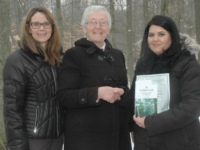 Elgin-St. Thomas Public Health nurse Pam Ewart, left, and Catfish Creek Conservation Authority board chairwoman and Central Elgin councillor Sally Martyn present a season pass from the authority to Shedden resident Carla Cunha Thursday in Springwater Forest. Cunha was one of three people who won a pass to an area conservation area for completing an Active Elgin Coalition survey earlier this year. (Nick Lypaczewski, Times-Journal)