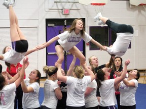 The Beaver Brae Bronco Cheerleaders practice the first part of their pyramid section. The girls finished second at the Cheer Evolution 2013 Ontario Championships on March 1-3.
GRACE PROTOPAPAS/Daily Miner and News
