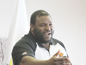 B.C. Lions’ Patrick Kabongo speaks to the Wetaskiwin & District Chamber of Commerce at its luncheon Feb. 25.