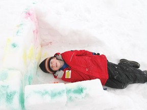 Craig Johnson hides out in his brightly coloured snow fort at the French Winter Carnival in Wetaskiwin March 2. SARAH O. SWENSON/WETASKIWIN TIMES/QMI AGENCY