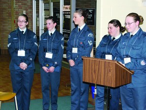 Warrant Officer 2nd Class Sarah Solomine (right) discusses the role that the air cadet program has played in her life. She was joined by other members of the 638 Algonquin Squadron: (left to right) Cpl. Morgan Cummings, Cpl. Sara Hill, Flight Cpl. Julie Antler and Sgt. Sam Solomine. For more community photos please visit our website photo gallery at www.thedailyobserver.ca.