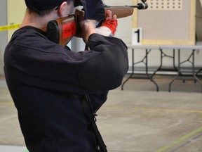 FCpl Groulx of 10 Timmins Kiwanis Royal Canadian Air Cadet Squadron takes aim during the Cadet Zone Marksmanship Competition held at the Timmins Armoury, where his team took first place in the standing, and second in the prone events. Nine teams of Sea, Army and Air Cadets, including all three local units, took part in the day’s activities.
