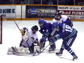 Kirkland Lake Gold Miners' goaltender Chris Komma makes the save despite the traffic in front of his crease. The Gold Miners defeated Sudbury Friday night in NOJHL action.
