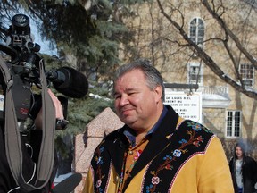 Manitoba Metis Federation president David Chartrand speaks at Louis Riel's gravesite in the St. Boniface neighbourhood of Winnipeg on Saturday, March 9, 2013, regarding the previous day's ruling from the Supreme Court of Canada on a Metis land dispute with the federal government. (JOHN VANDALE/MMF/HANDOUT)