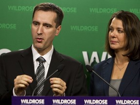 Wildrose Party leader Danielle Smith (right) and house leader Rob Anderson introduce the Wildrose Financial Recovery Plan in March 2013.(Ian Kucerak/QMI Agency)
